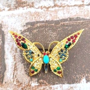 Vtg Jomaz Mazer Butterfly Pin Brooch Multi-color Rhinestone Blue Cabochon
